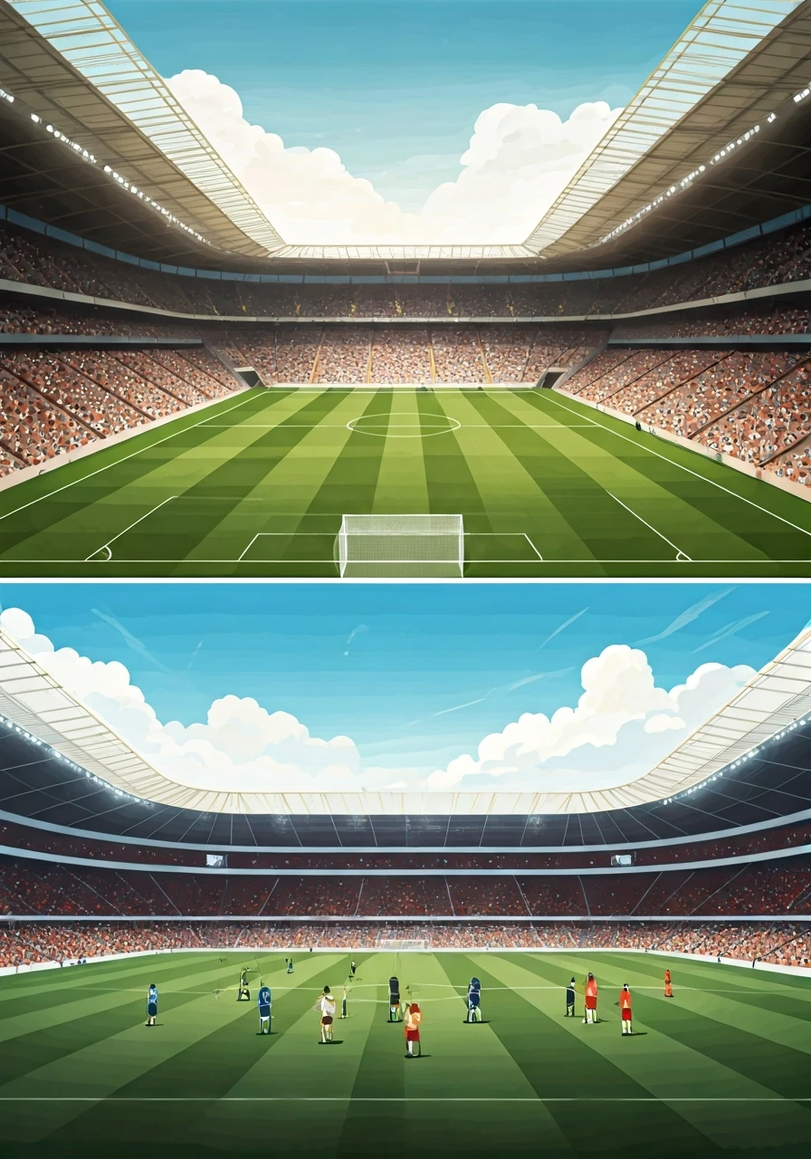 football stadium with a professional match in progress, representing a top league, contrasted with a smaller, local football field with young players, symbolizing different stages of development, dynamic and illustrative