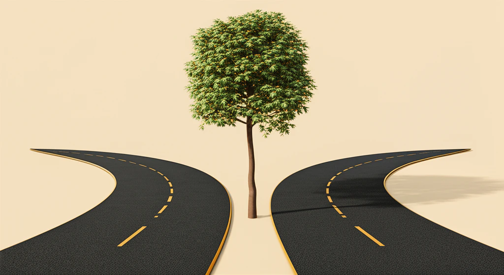 two distinct paths diverging, one smooth and paved representing stability, the other winding and adventurous representing high growth potential, with a clear choice point, symbolic and clear