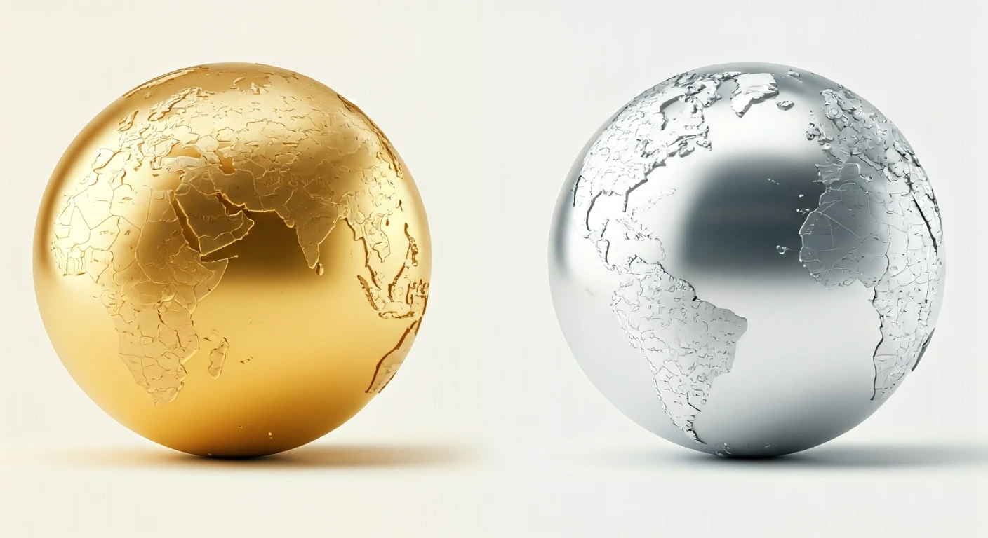 Two illustrated globes, one in a golden hue and the other in a silver tone, showcasing the different compositions of the MSCI World and MSCI AC World indices.