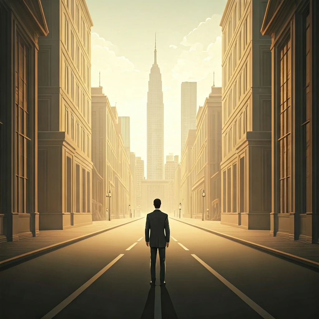 An illustrated person standing at a crossroads, contemplating their path forward - whether to take the safe, secure route or to take a risk and pursue a bold, ambitious future.