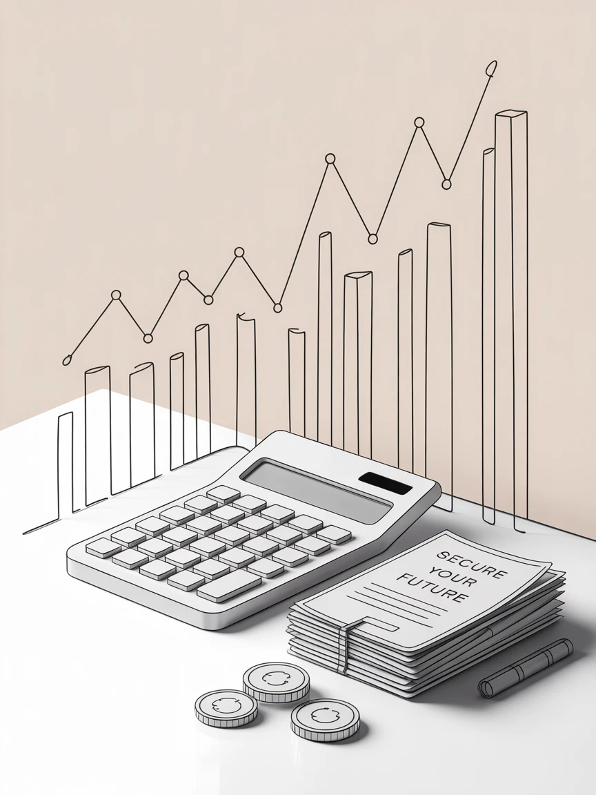Retirement planning concept with calculator, documents and money, elegant professional financial planning scene