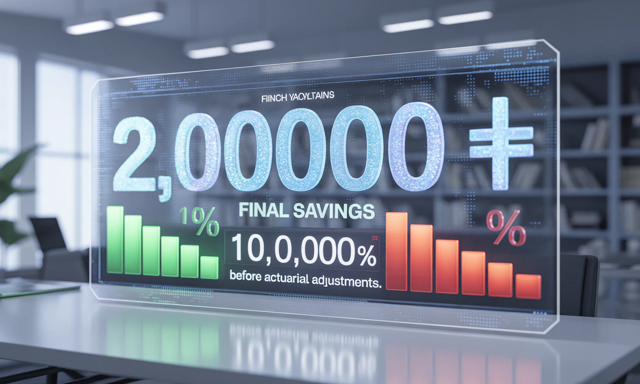 An illustrated financial report showing a final savings amount of 2,000,000 ₪ and a monthly payout of 10,000 ₪ before actuarial adjustments, with detailed breakdowns of the impact of a 1% increase and decrease in the actuarial adjustment.