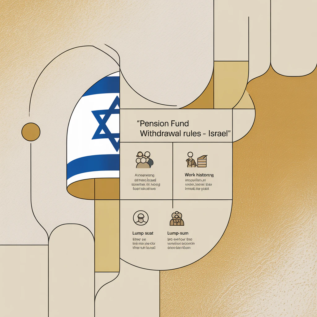 An illustrated infographic depicting the rules for pension fund withdrawals in Israel, with detailed information on the conditions and limitations for partial lump-sum withdrawals.