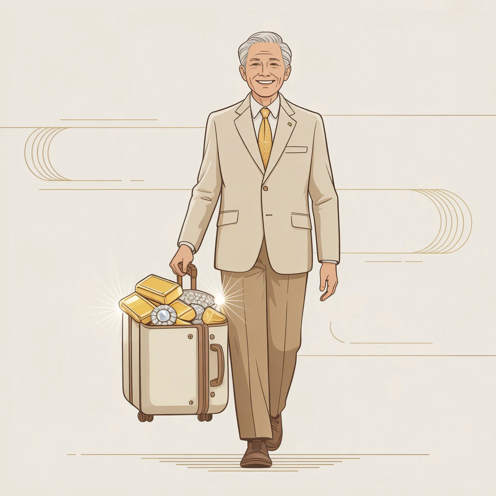 An illustrated elderly man carrying a suitcase filled with gold and diamonds.