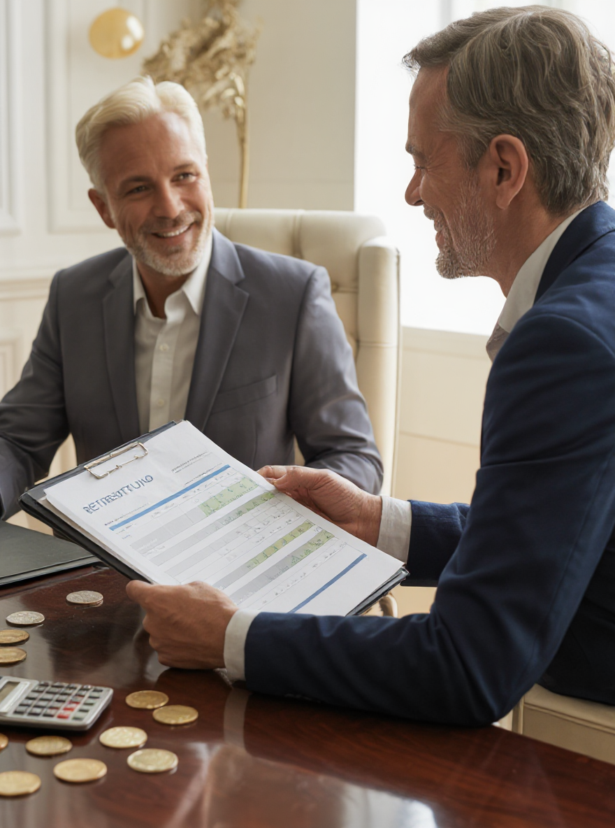 Retirement planning documents with calculator and coins on desk, financial advisor explaining pension options to client