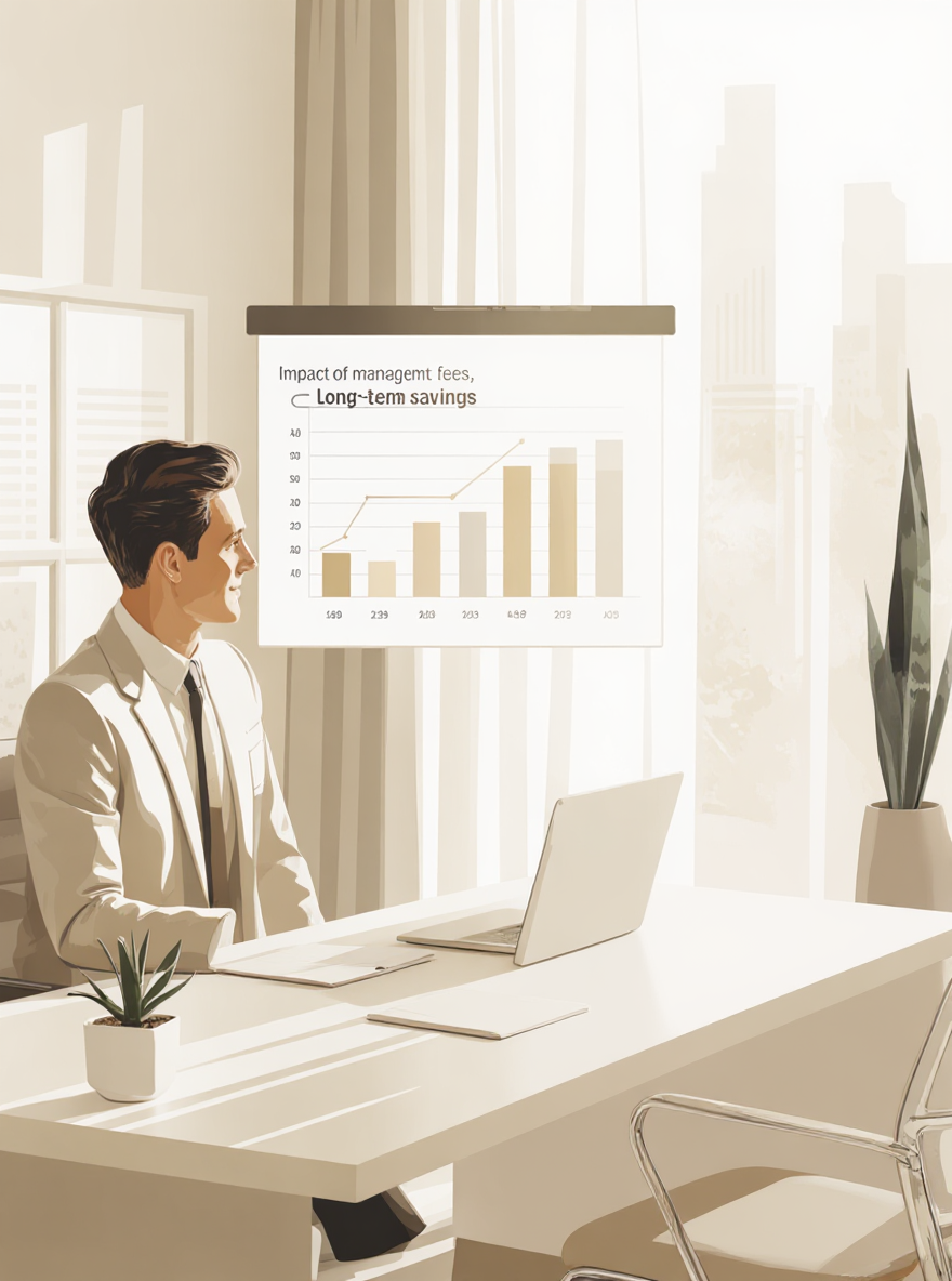 A detailed illustration of two financial advisors discussing the impact of management fees on long-term savings, with charts and data visualizations highlighting the significant differences in retirement outcomes.