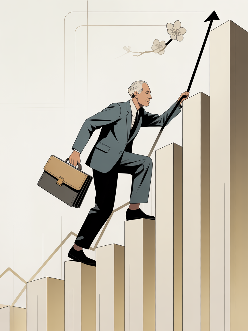 An illustrated elderly figure climbing a stock market index chart.
