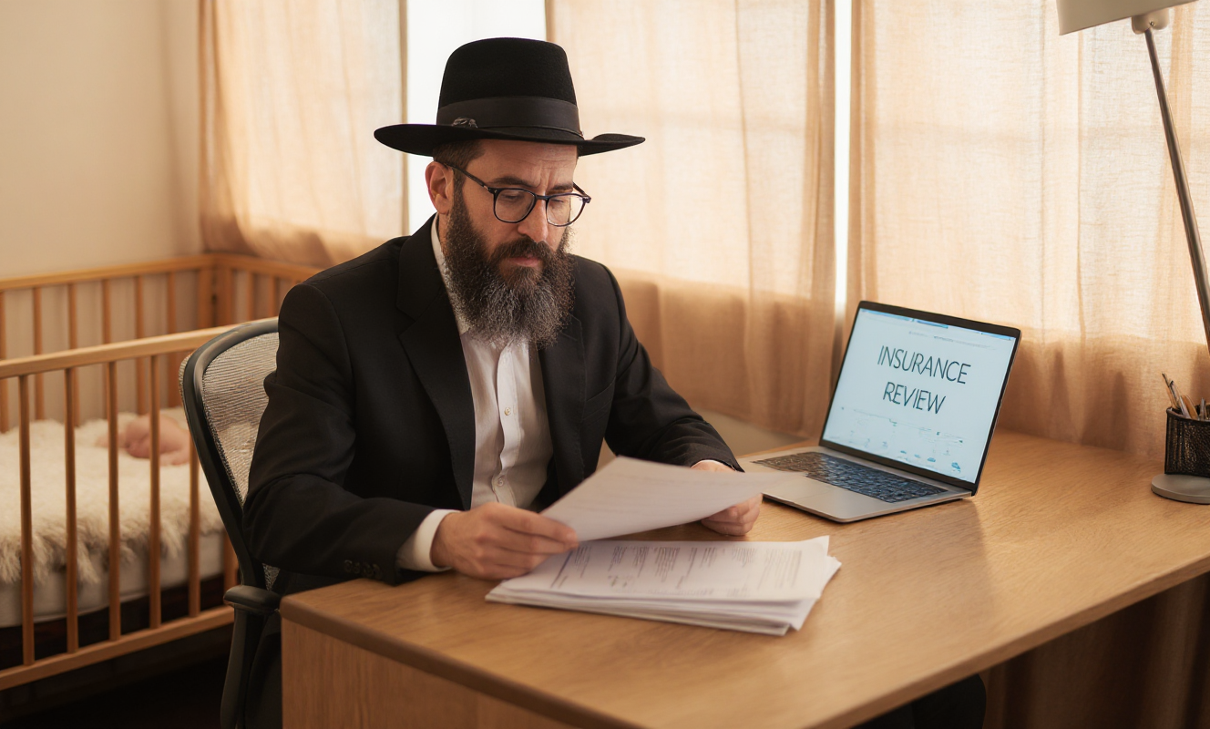 An illustrated woman reviewing insurance documents at her home office desk while on maternity leave.