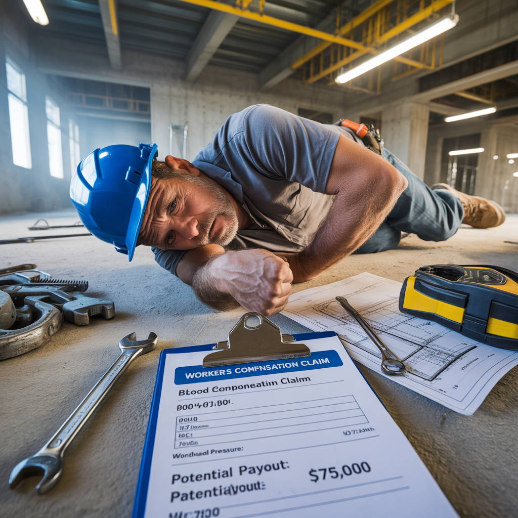 An illustrated figure representing a workplace accident, with details on the various insurance benefits and payouts.