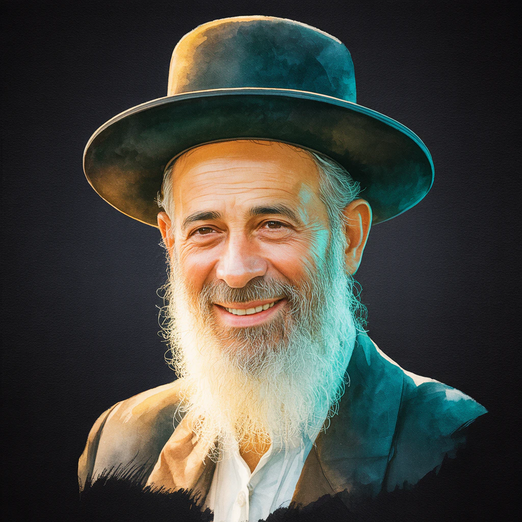 A detailed, illustrated portrait of an elderly Orthodox Jewish man with a warm, welcoming smile.