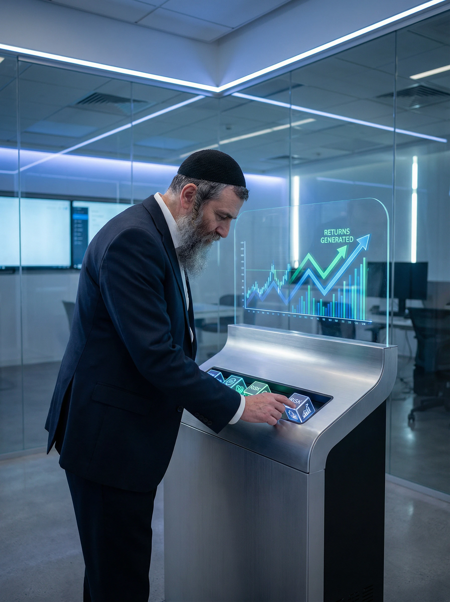 An illustrated Orthodox Jewish man pushing icons representing risk into a machine that generates returns.