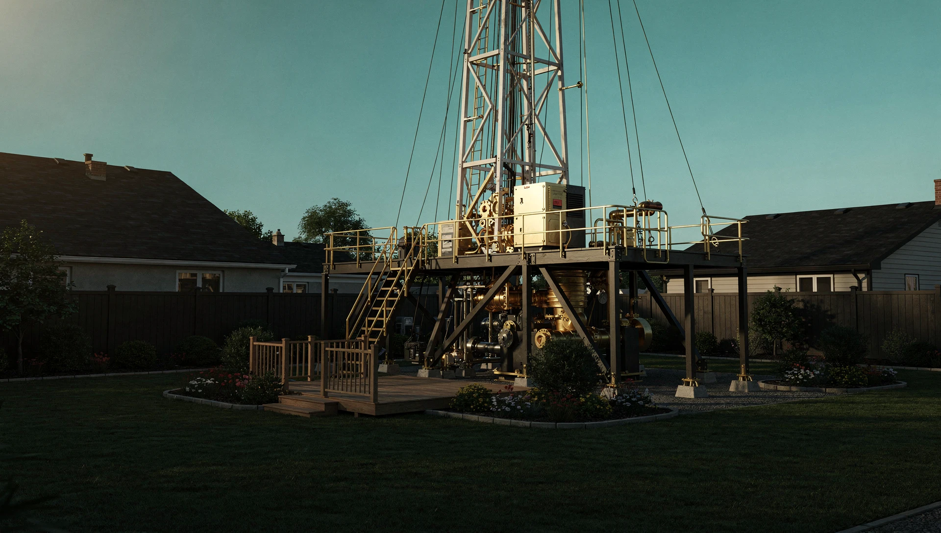 oil drilling rig in backyard discovery scene