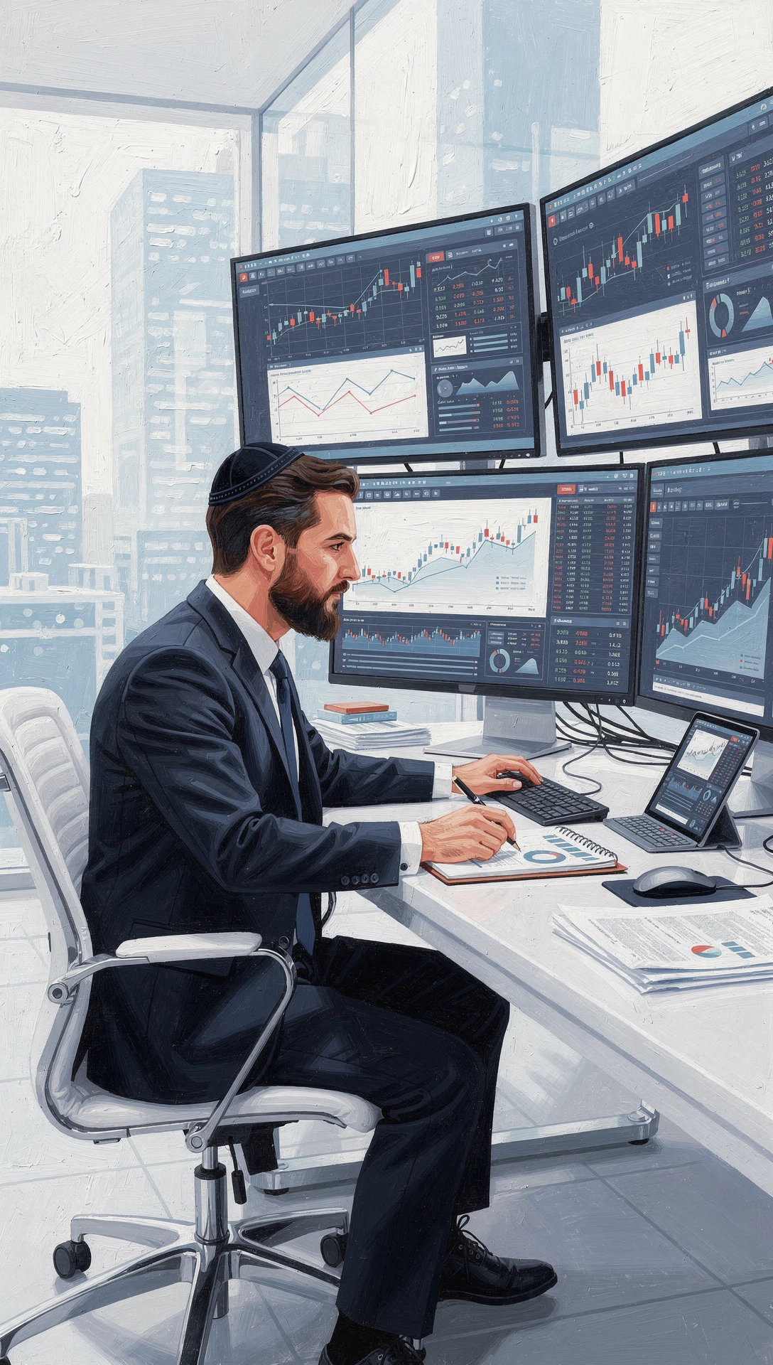 An illustrated Orthodox Jewish businessman actively engaged in financial management, investing time and effort to overcome challenges and take full responsibility for his financial decisions.