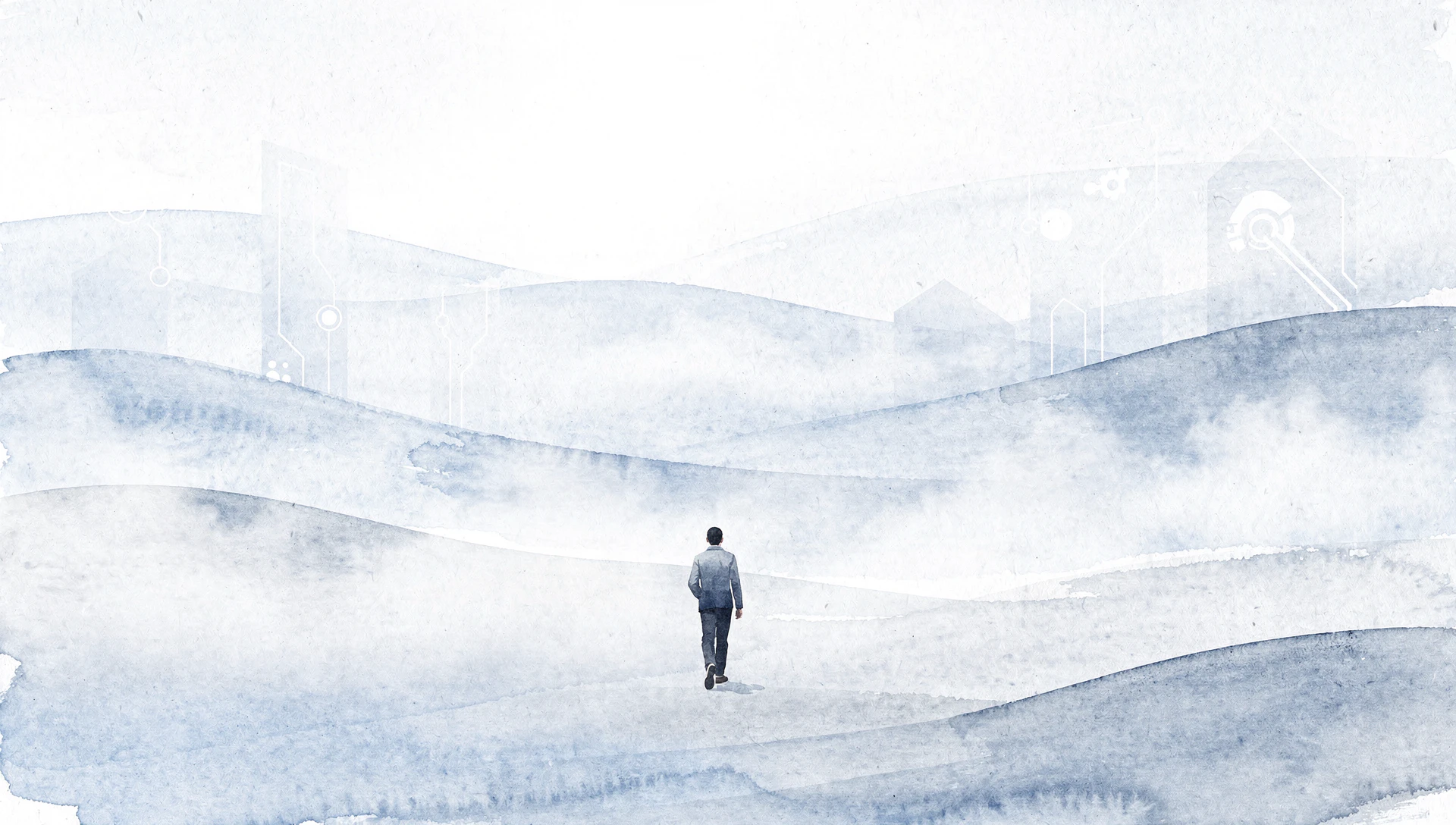 An illustrated figure traversing a vast, misty landscape.