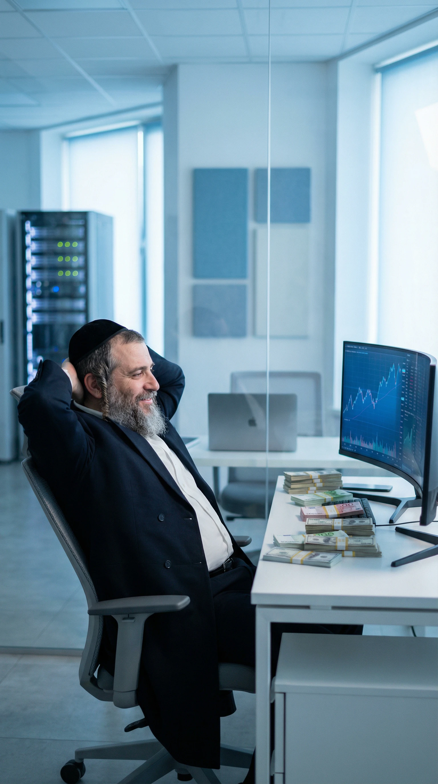 An illustrated Hasidic Jewish man resting amidst piles of currency.