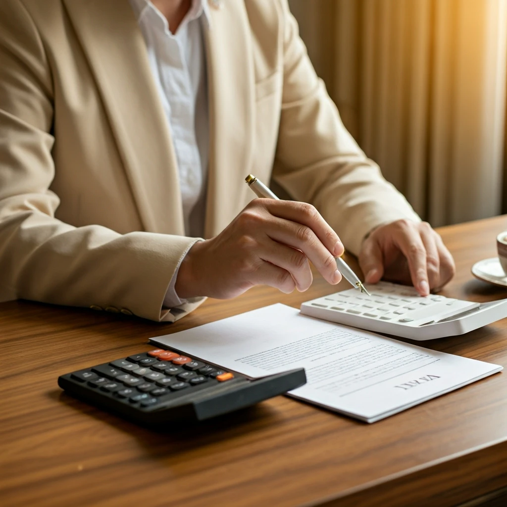 An illustrated figure reviewing tax-related documents and calculations on a desk with a warm, professional aesthetic.