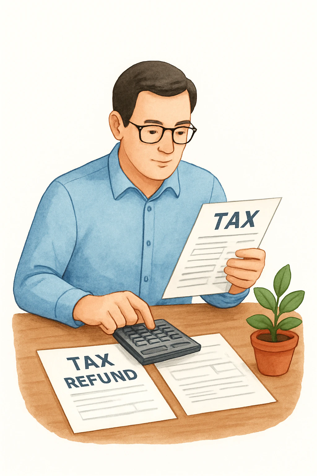 An illustrated figure reviewing tax documents and calculating their tax refund.