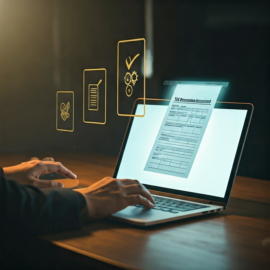 An illustrated figure submitting a tax request through an online portal, with confirmation of receipt and the tax authority's review process.