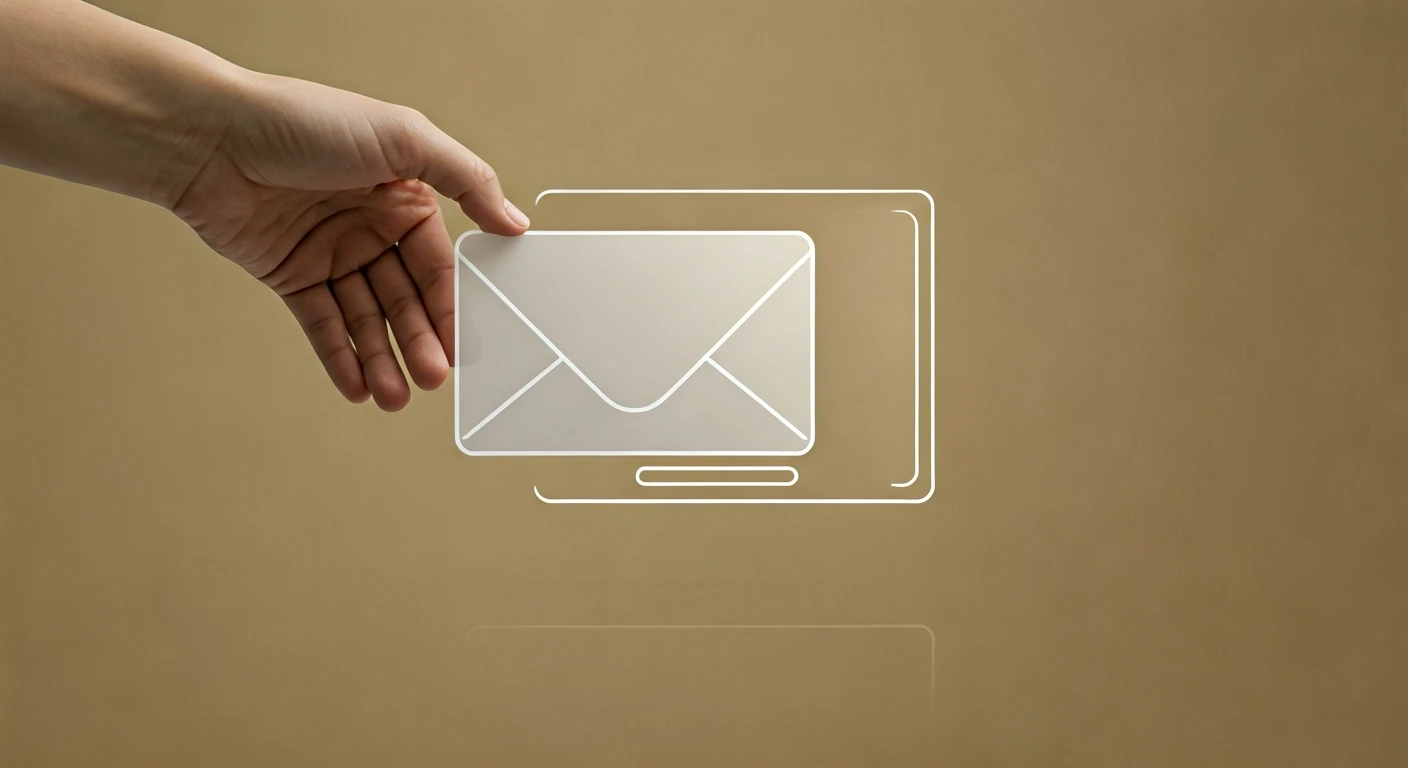 a hand sending an envelope into a mailbox, with a digital interface in the background, symbolizing online submission