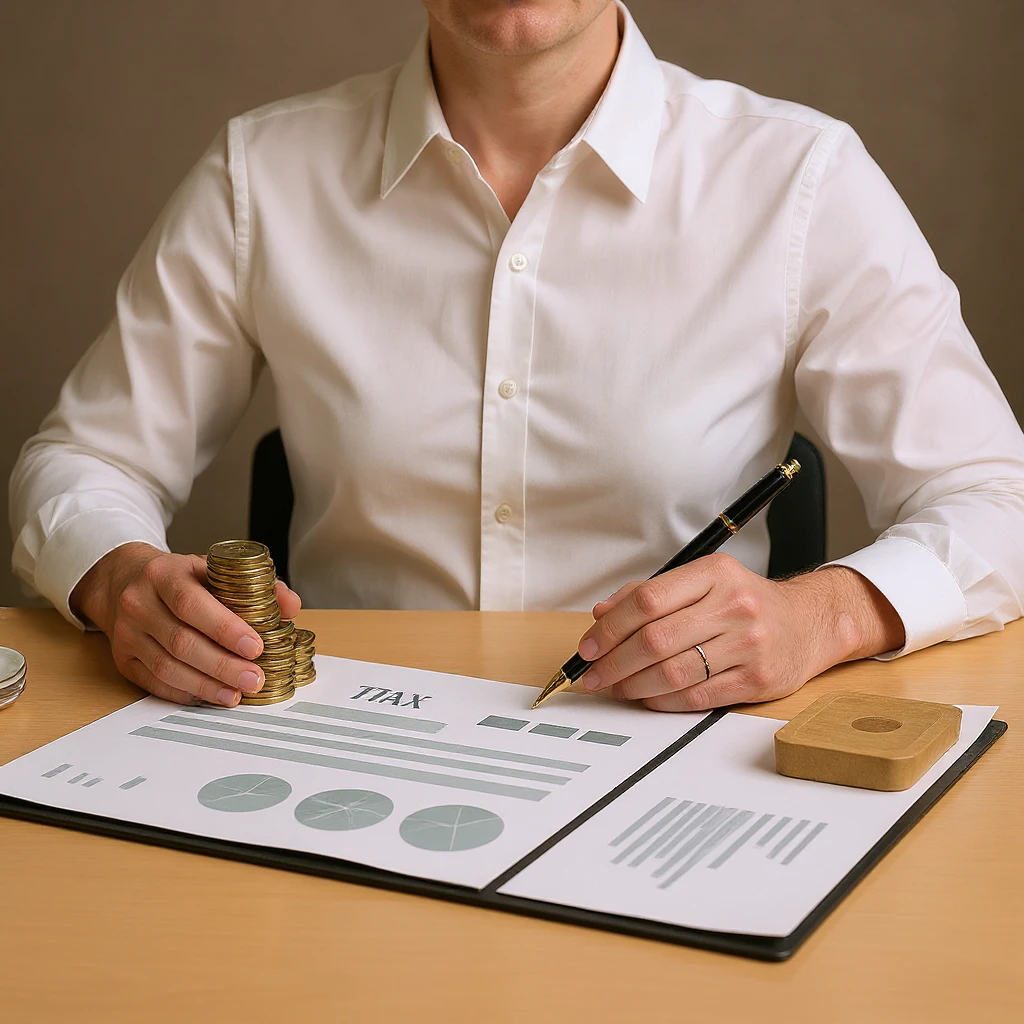 An illustrated figure reviewing tax-related documents and calculations on a desk with a warm, professional aesthetic.