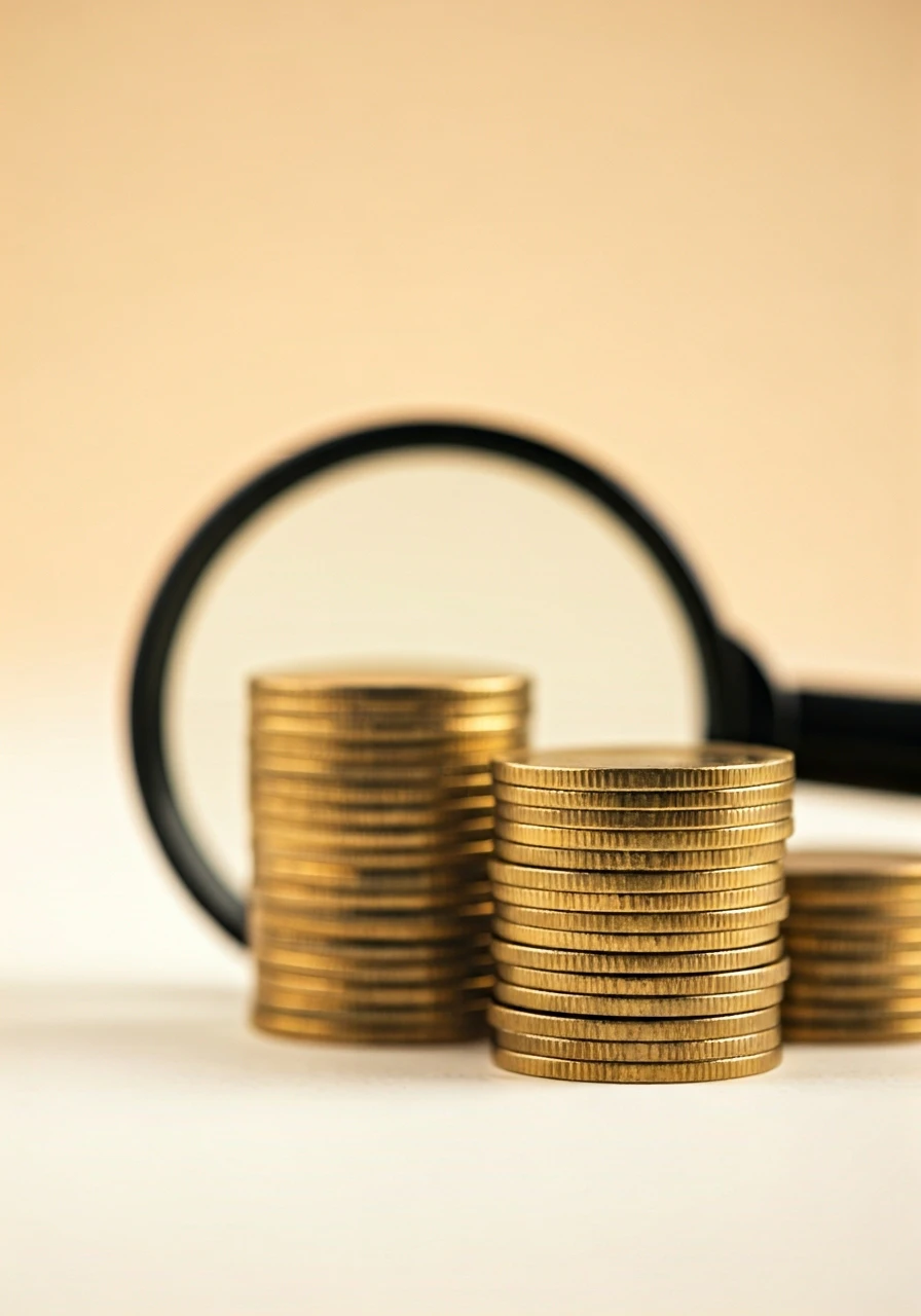 a close-up of a stack of gold coins with a magnifying glass, business and finance concept, soft lighting