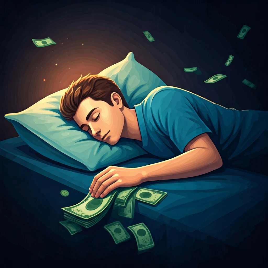 Enhanced Prompt: An illustrated figure resting peacefully, with money flowing from beneath their pillow, symbolizing the financial security of having savings.