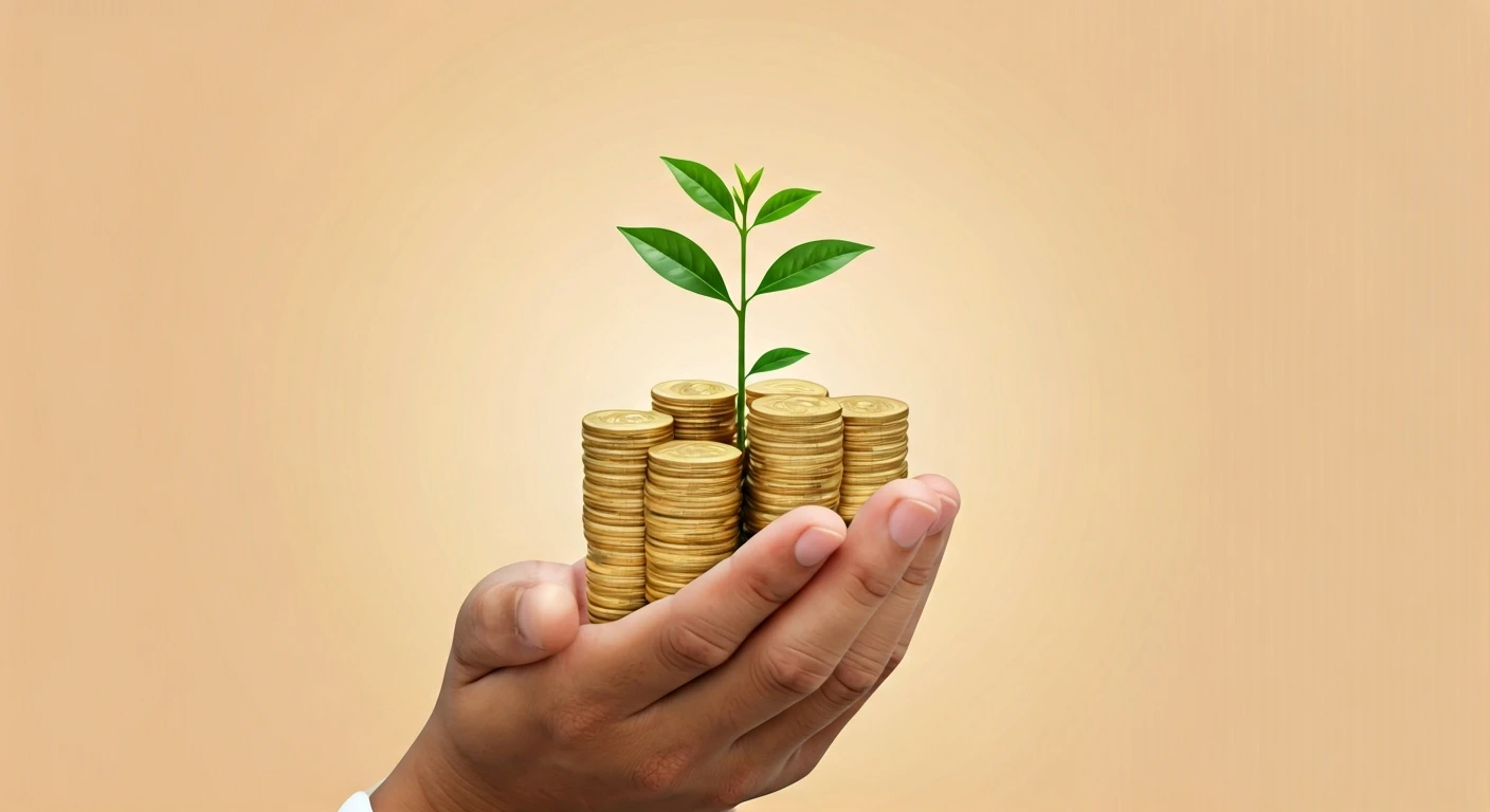a hand holding a stack of money with a growing plant, symbolizing savings and growth