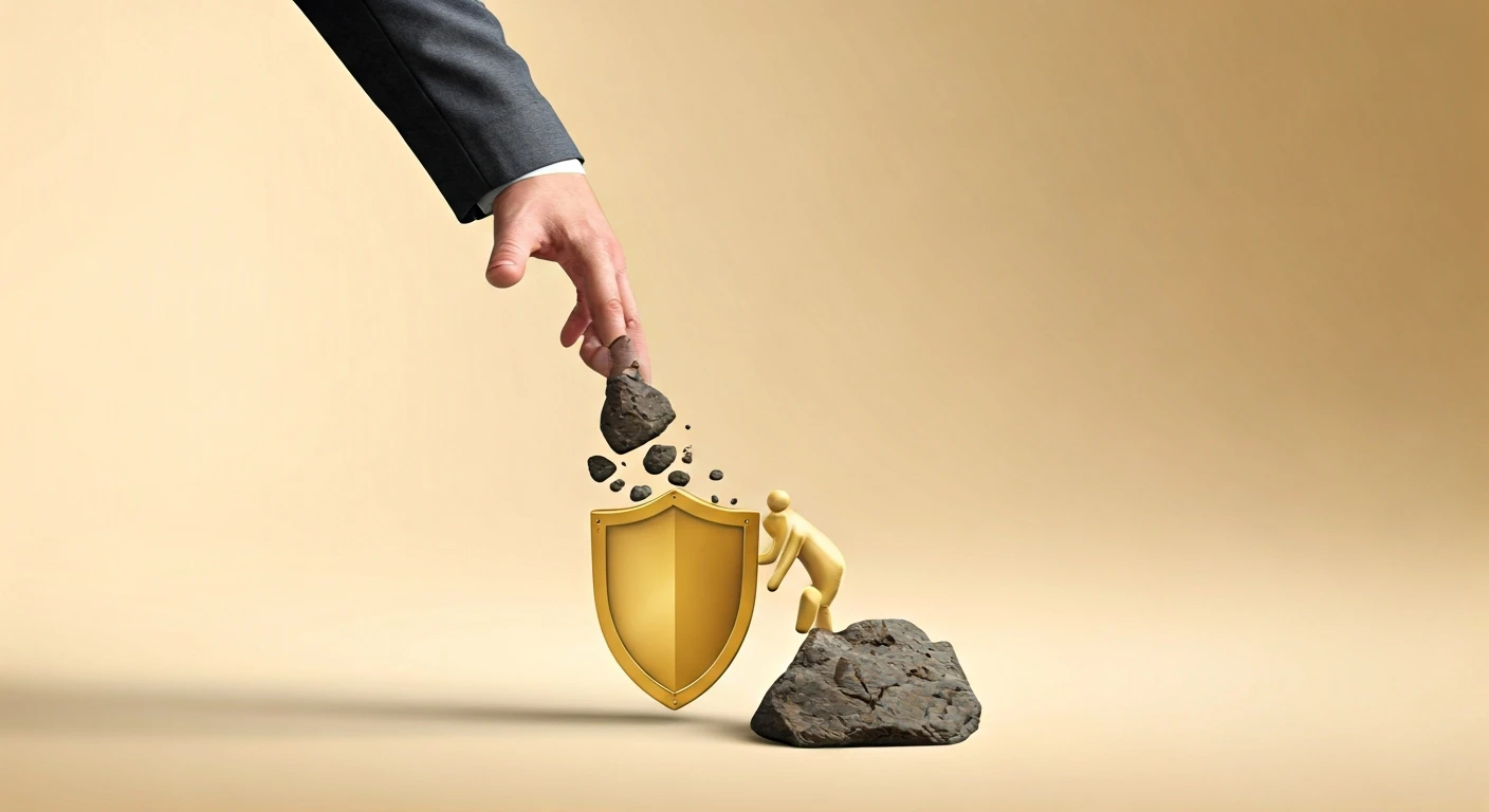 a shield protecting a person from a falling rock, symbolizing protection from debt