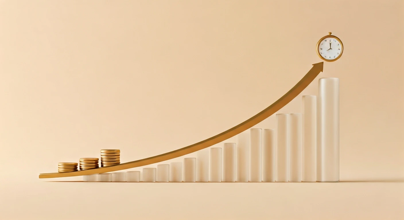 a stylized financial graph showing exponential growth over a long period, with a clock icon, digital art