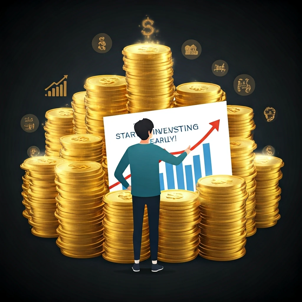 An illustrated guide highlighting the optimal times to start investing, with icons and text emphasizing the importance of budgeting, saving, and starting early to maximize returns.