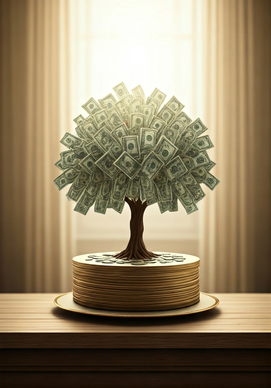a growing tree made of money, financial growth, prosperity, bright lighting