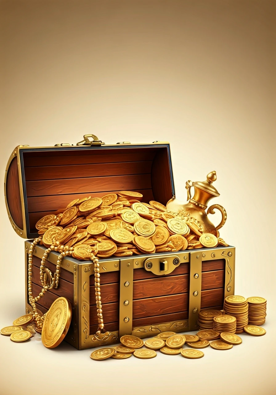 a treasure chest overflowing with gold coins, financial wealth, success, bright lighting