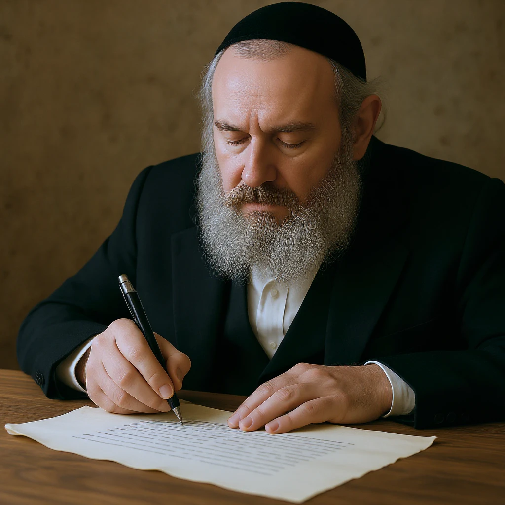 A Jewish rabbi writing a letter by hand on parchment.