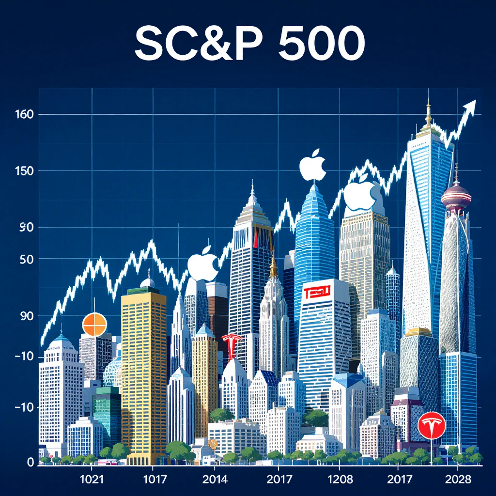 A detailed, data-rich illustration of the S&P 500 index, showcasing key information about the tracked mutual funds.