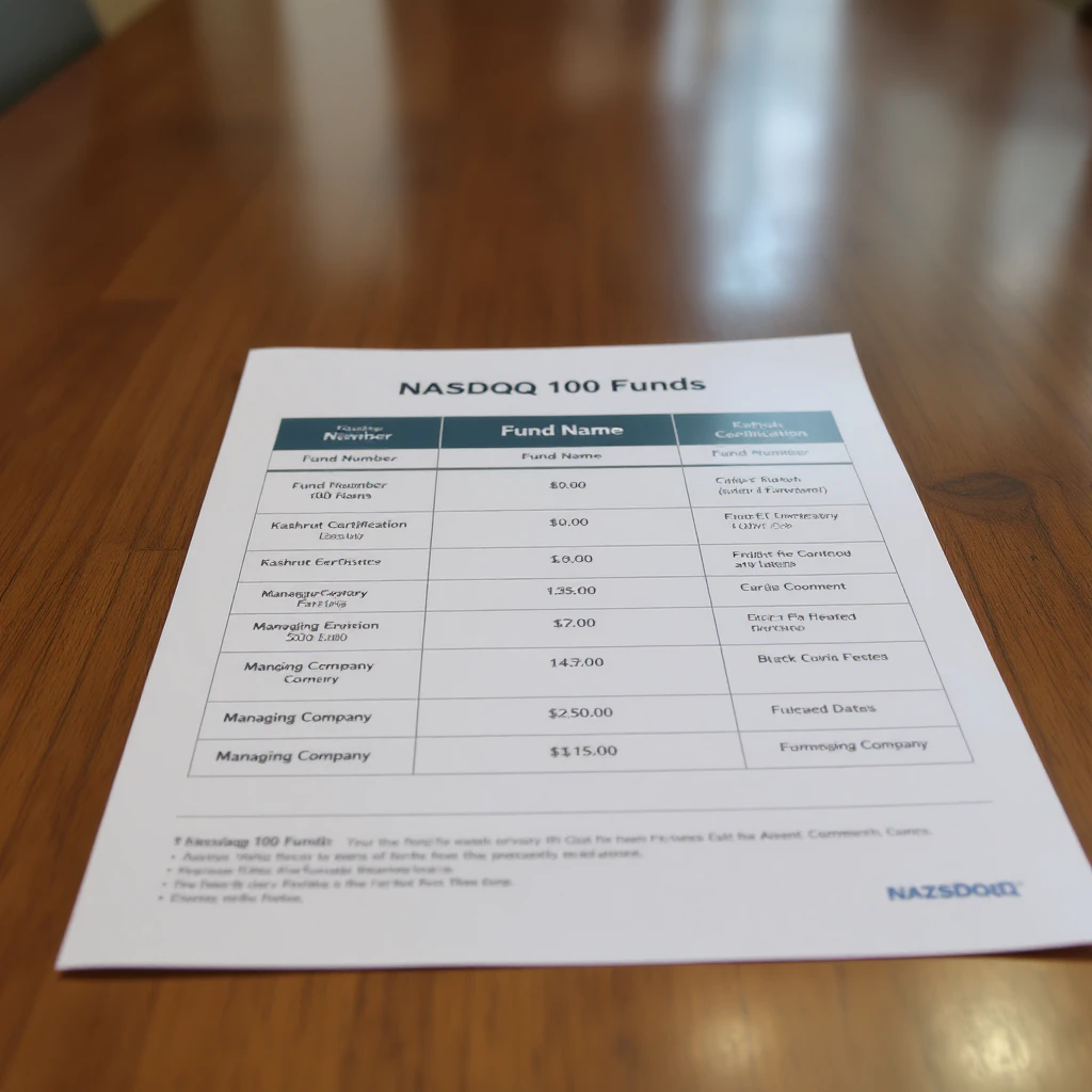A table displaying detailed information about various NASDAQ 100 funds, including their fund numbers, names, kashrut certifications, and managing companies.