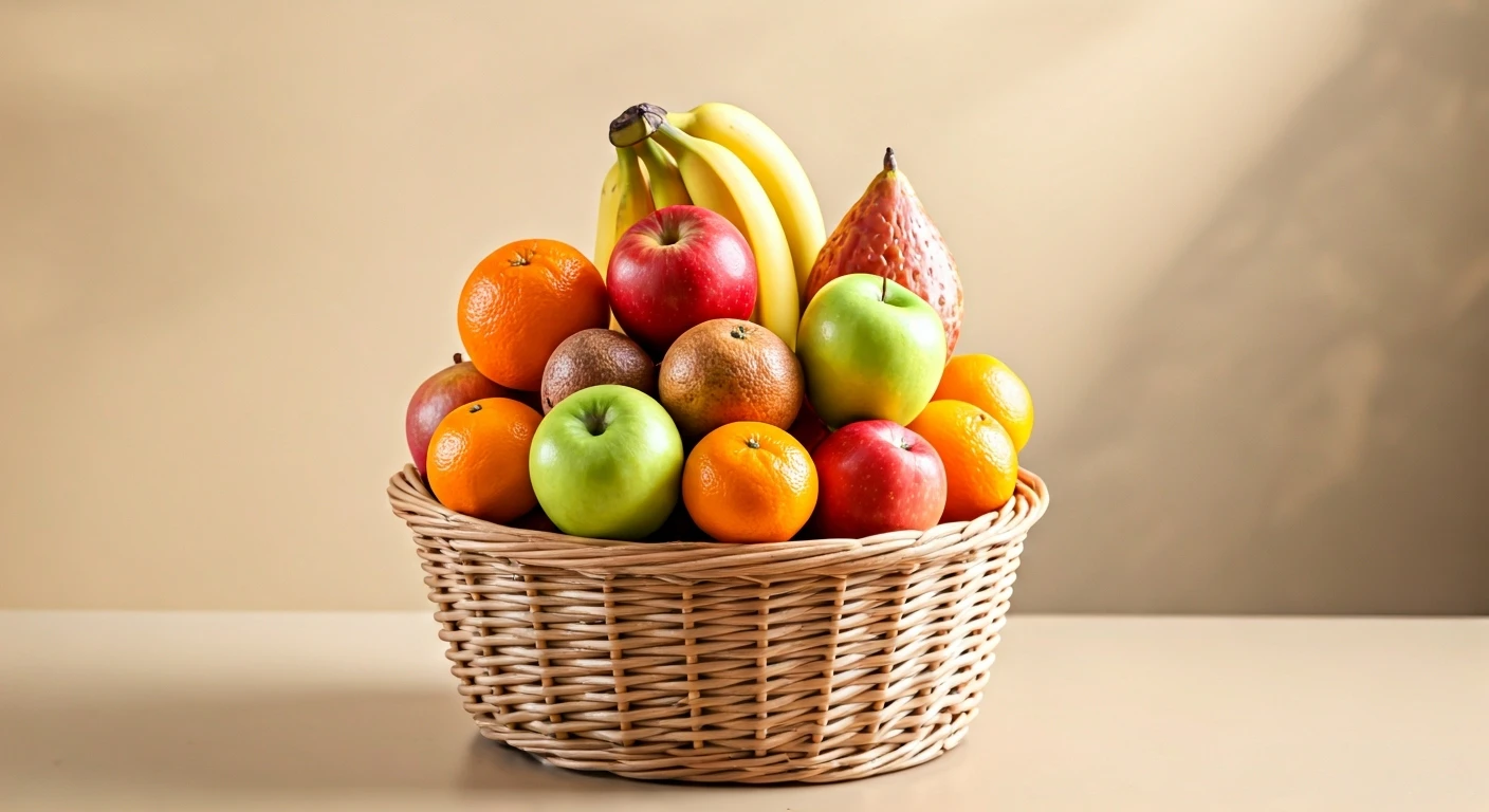 diverse fruit basket with apples, bananas, oranges and exotic fruits, bright natural lighting, colorful arrangement