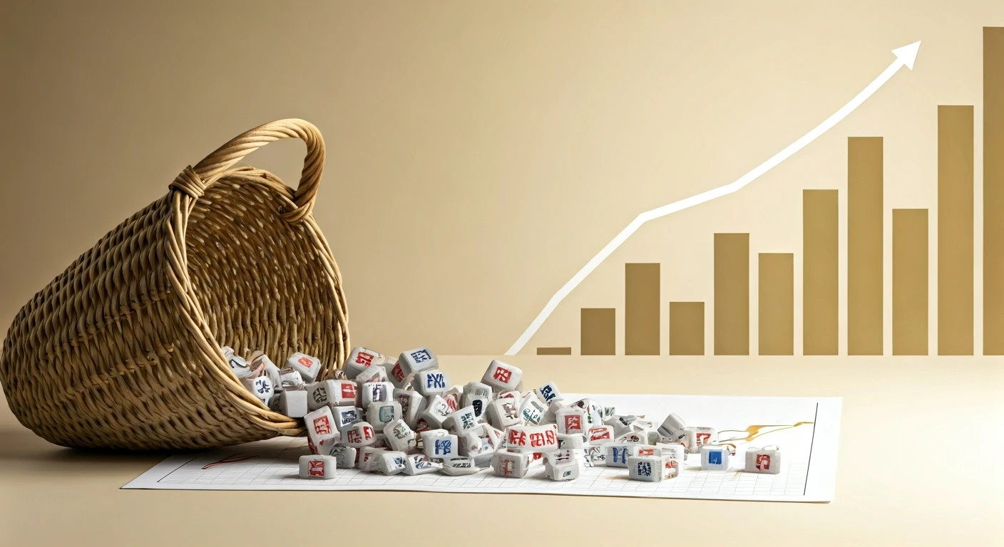 stock market index visualization with multiple company logos arranged in a basket formation, professional financial chart, clean design