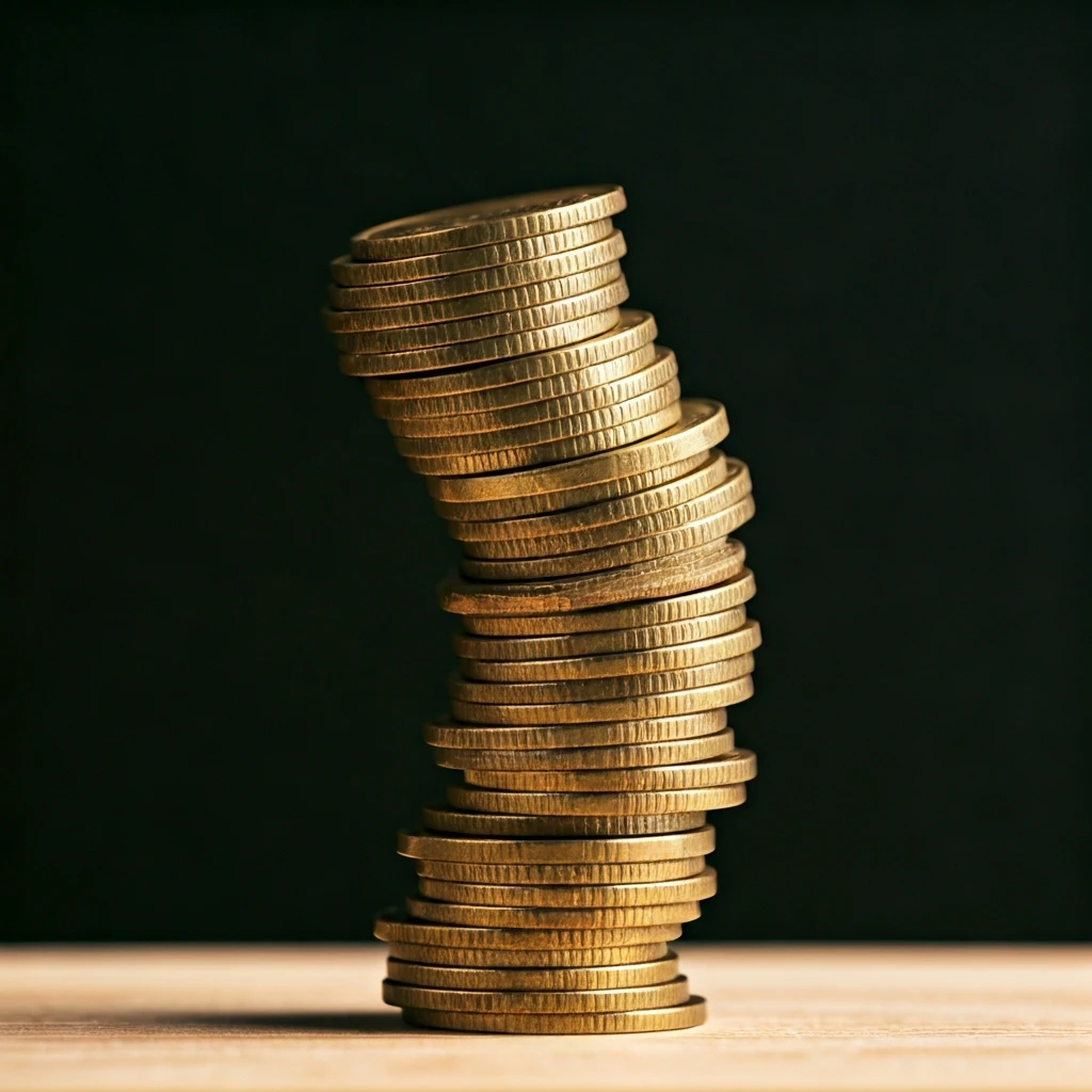 A precarious tower of unbalanced coins, teetering on the edge of collapse.